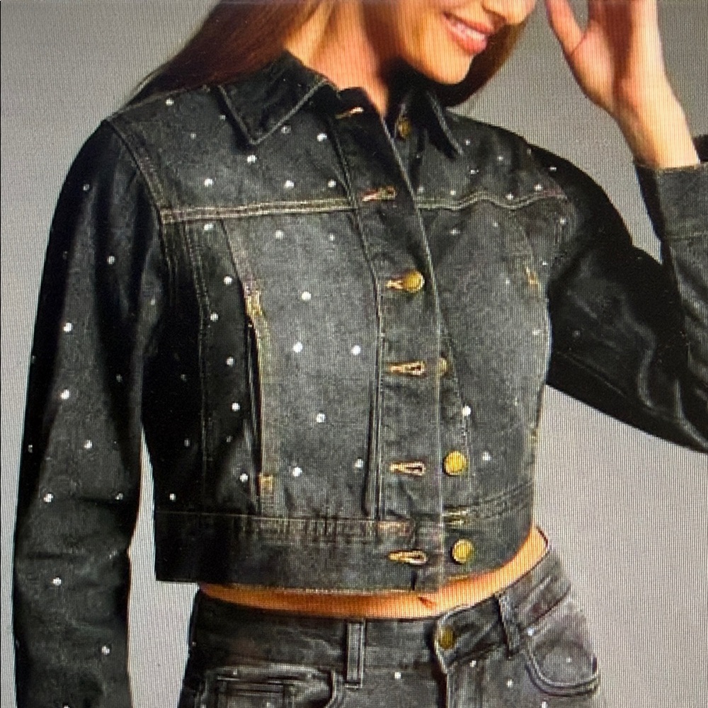 NWT Bebe Black Wash Denim Cropped Jacket Rhinestone Accents Sparkly Glam Size L